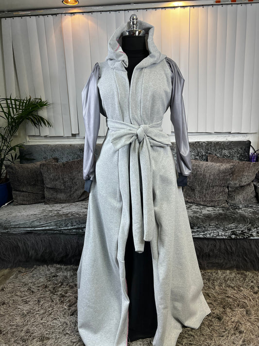 Hooded Duster w/ Leather Sleeves - Grey