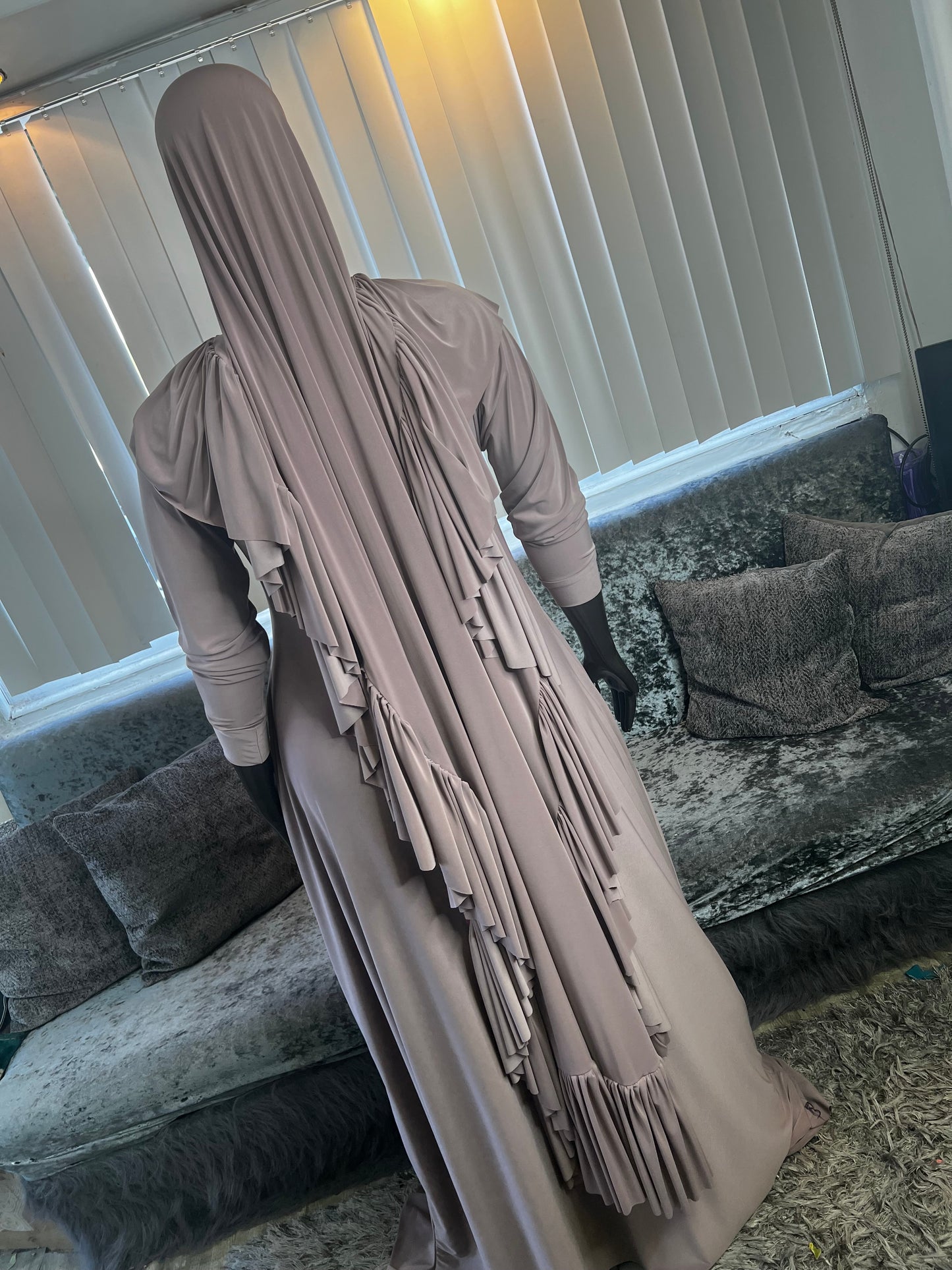 Mocha FlowyALine Ruffled Overhead Khimar Kombo