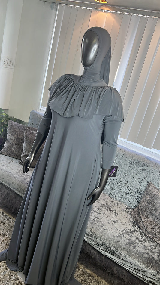 Ruffled Overhead Khimar/ Flowy ALine Kombo ~ Charcoal