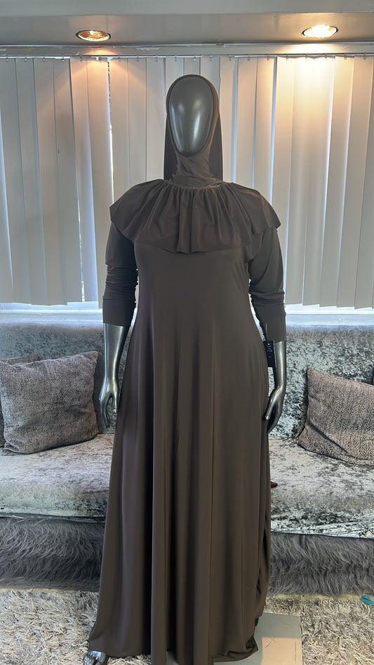 Chocolate FlowyALine Ruffled Overhead Khimar Kombo