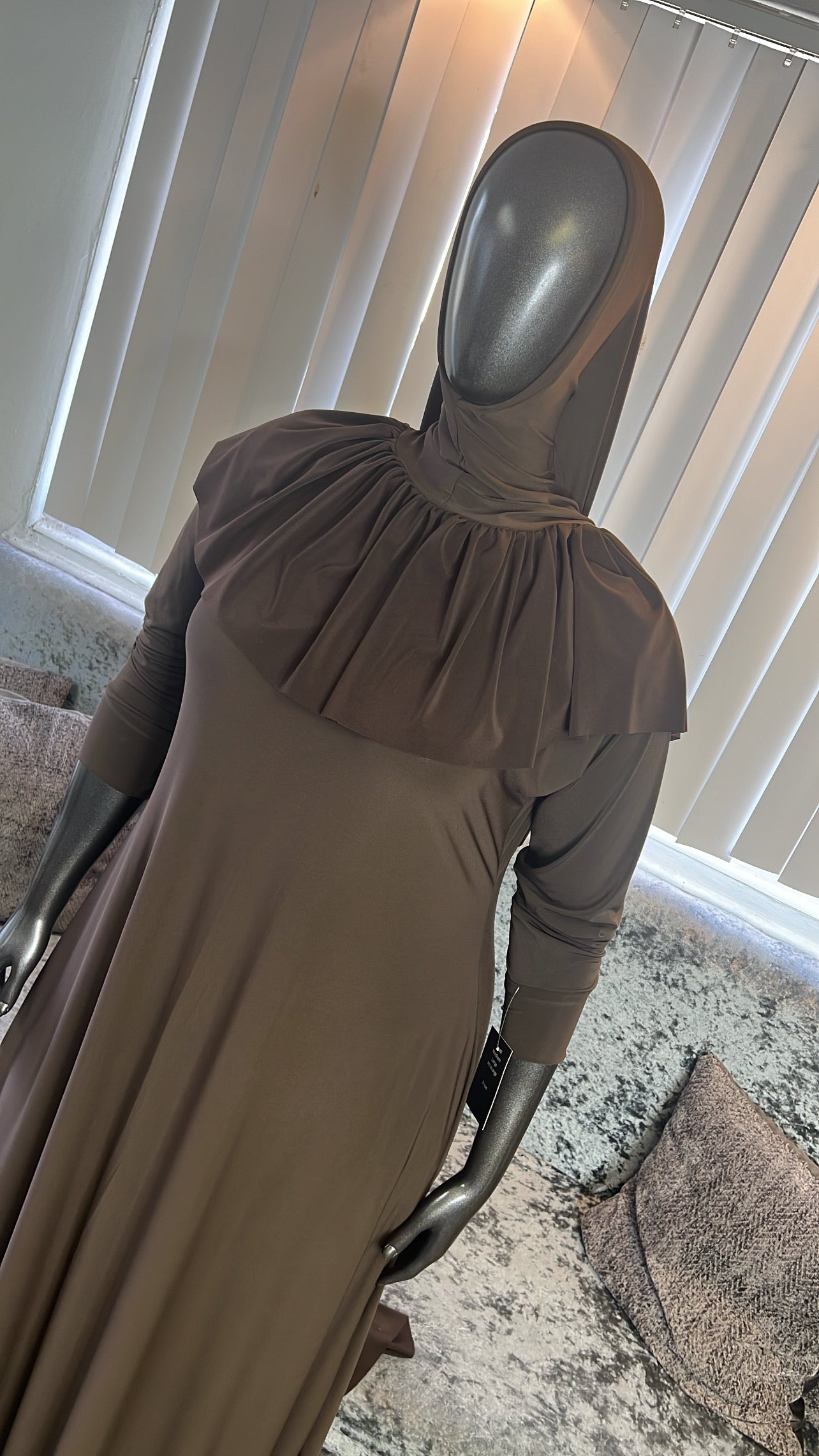 Chocolate FlowyALine Ruffled Overhead Khimar Kombo