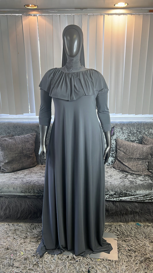 Charcoal FlowyALine Ruffled Overhead Khimar Kombo