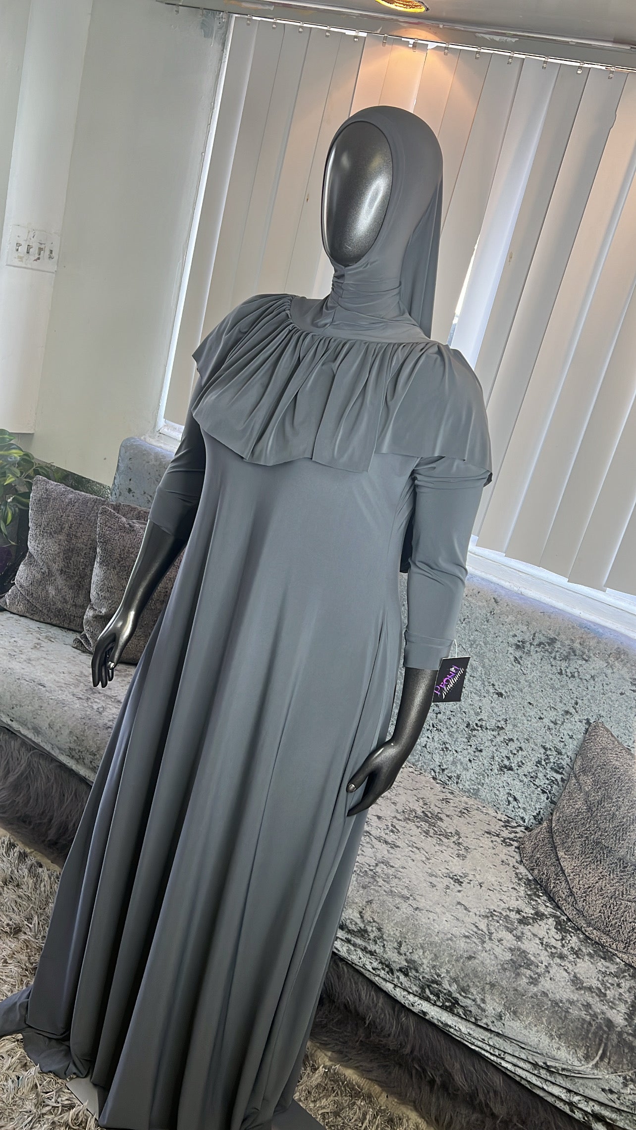 Charcoal FlowyALine Ruffled Overhead Khimar Kombo